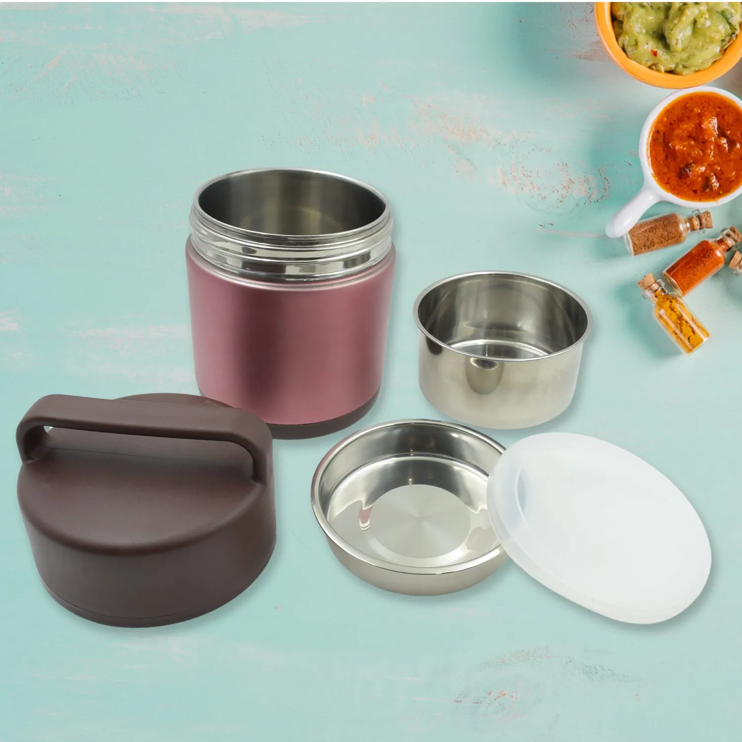 Vacuum insulated lunch box  with folding spoon